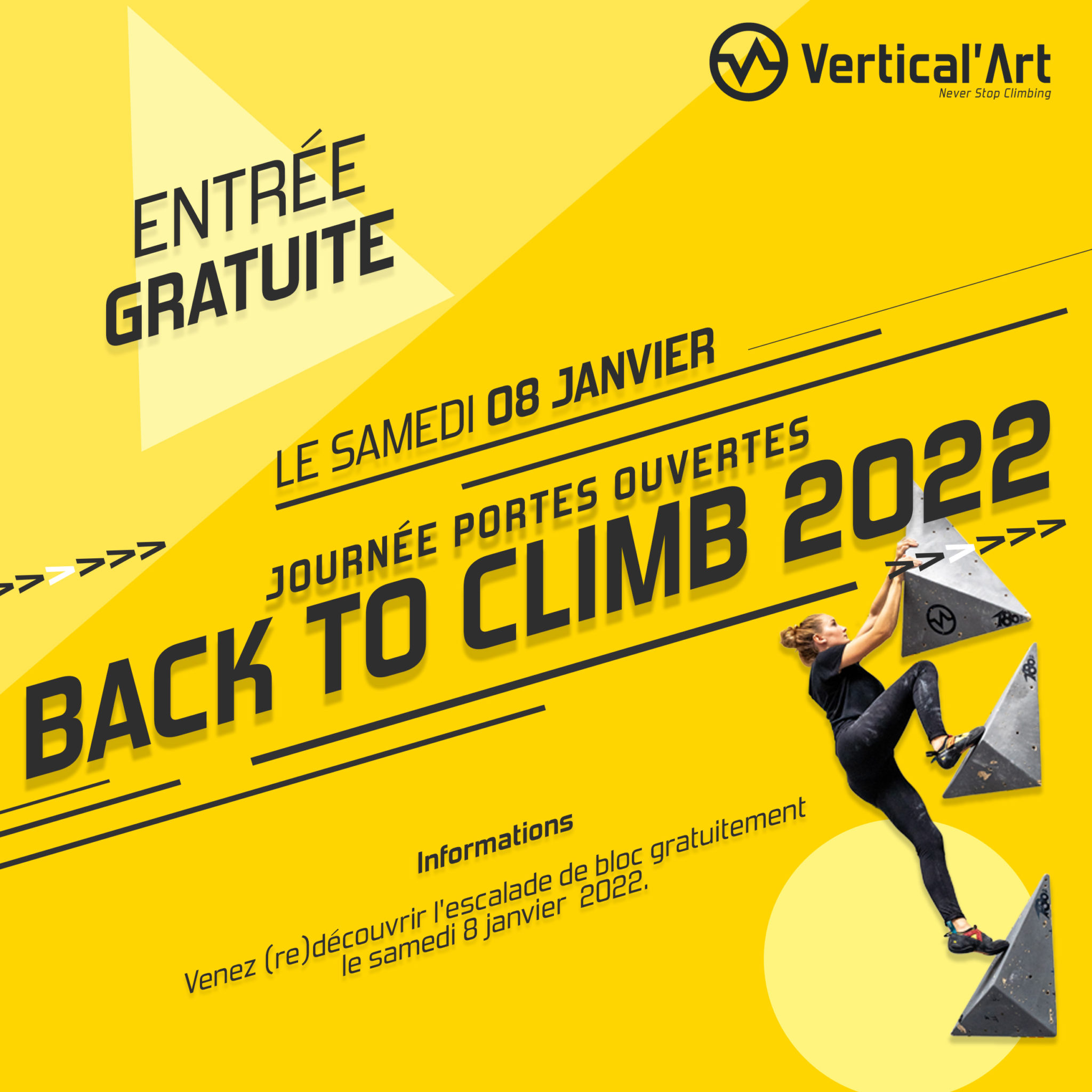 Journée porte ouverte chez vertical'art salle d'escalade restaurant et bar entrée gratuite le 8 janvier 2022