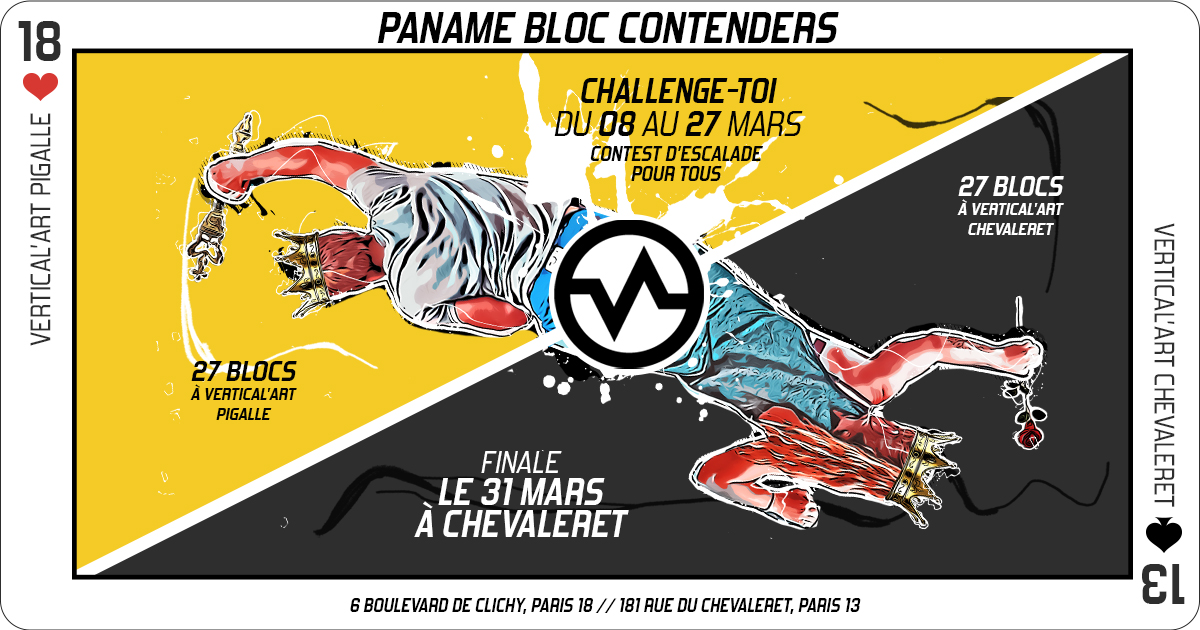 Paname Bloc Contenders, l'événement sportif de l'année autour de l'escalade de bloc à Vertical'Art Paris, challenge climbing list en simultané dans les salles Vertical'Art Pigalle et Vertical'Art Chevaleret