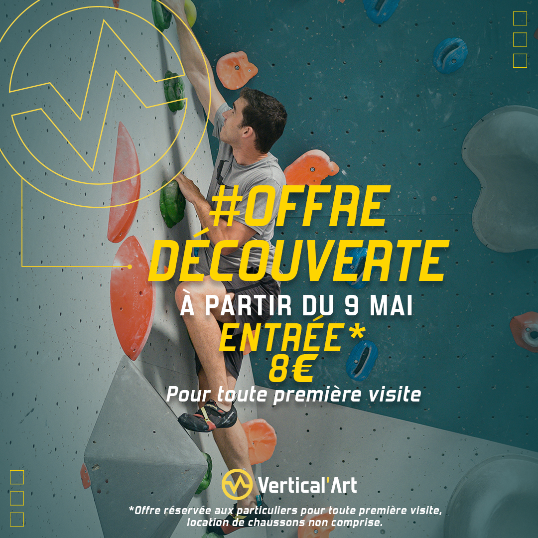 Offre découverte Vertical'Art, entrée à 8 euros pour toute première visite, location de chaussons d'escalade non comprise dans l'offre