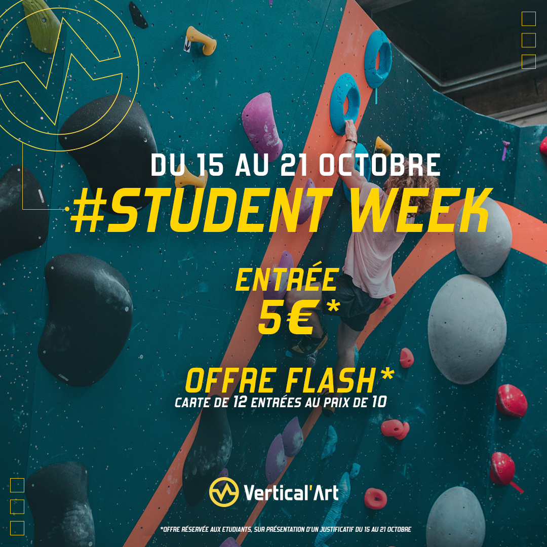 semaine de l'étudiant - du 15 au 21 octobre dans toutes les salle d'escalade Vertical'Art Grimpe à 5 euros