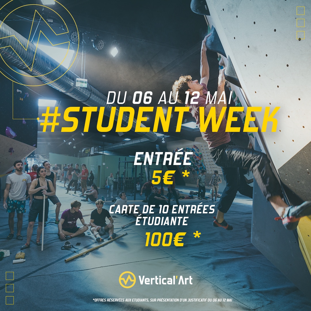 Student Week du 6 au 12 mai : Entrée à 5€ et carte de 10 séances à 100€ pour les étudiants à Vertical'Art